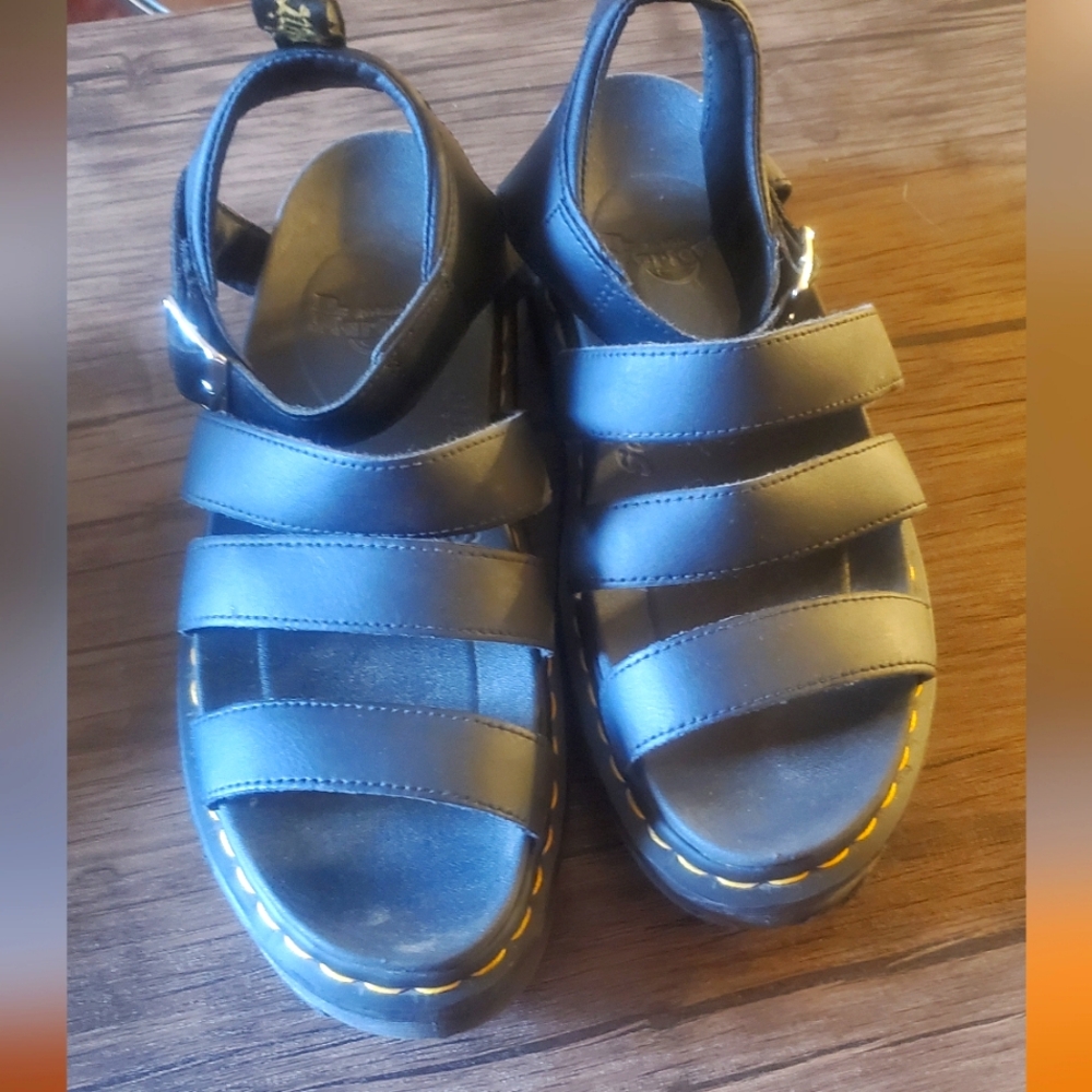 Dr. Martens Black Leather Strap Sandals with Yellow Stitching